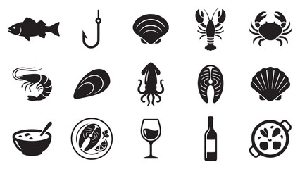 Marine Life and Seafood Dish Icon Collection - Black Silhouette Vector Graphics © MD