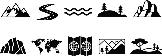 Mountain landscape and world map icons set, road river forest globe nature travel geography symbols collection © LatifunNahar