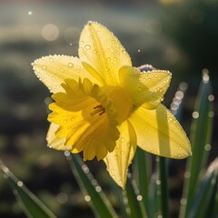 Fototapeta premium Morning Dew on Bright Yellow Daffodil Bloom in Soft Sunlight.