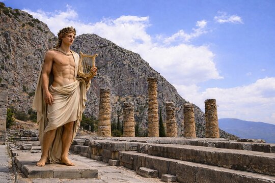 The ancient Greek god Apollo next to his temple at the Oracle of Delphi, Greece