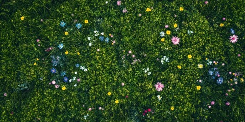 Aerial view of vibrant green grass field with colorful wildflowers © xartproduction