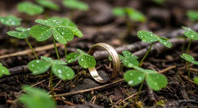 Wedding rings on green leaves ground.