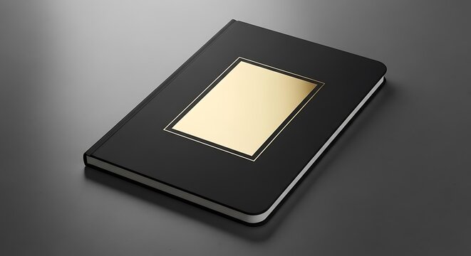 Elegant Black Notebook with Gold Frame: Luxury Blank Cover for Personalization & Branding, High-Angle Close-Up