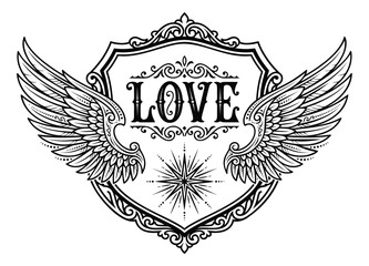 Naklejka premium Engraving style illustration of ornate love emblem with wings depicting vintage heraldic badge for wedding and romance design