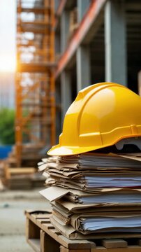 Construction helmet on stacked project documents at building site, contractor paperwork for permits and inspections, engineering drawings and compliance records, onsite supervision