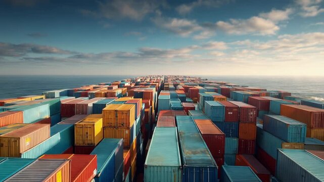 Colorful shipping container cargo ocean transport logistics freight maritime export import industry with sunrise sky, cloud, global commerce, storage dock, large scale distribution, peaceful daylight