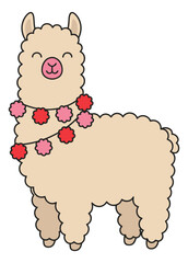 Fototapeta premium Cartoon illustration of cute llama wearing flower garland depicting festive animal character for party and celebration design
