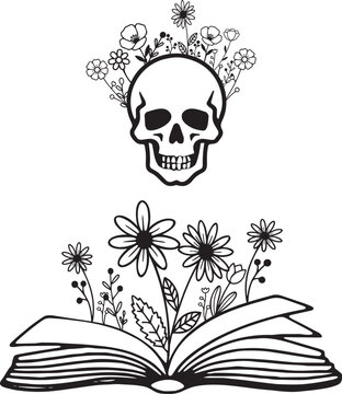 Minimalist Gothic Book and Skull Illustration with Wildflowers, Line Art Aesthetic