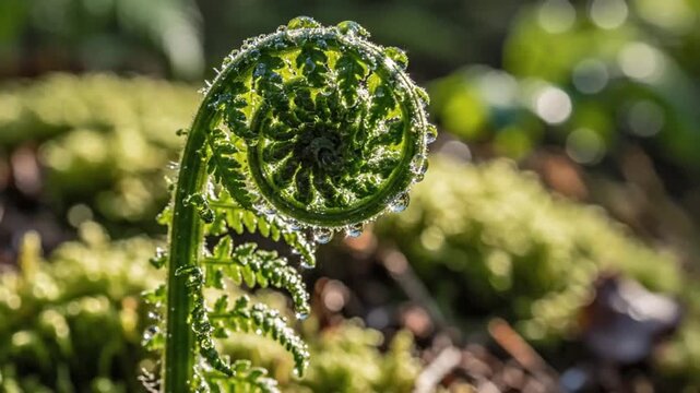 Close-up of a curling fern frond with dewdrops, spring growth, macro nature photography