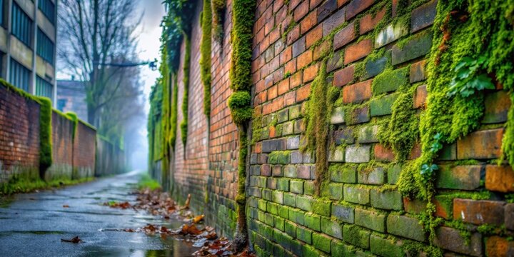 A mossy brick wall beside a damp alleyway on a misty day