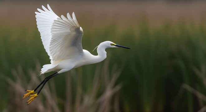 A white egret flying over a lush green field with outstretched wings