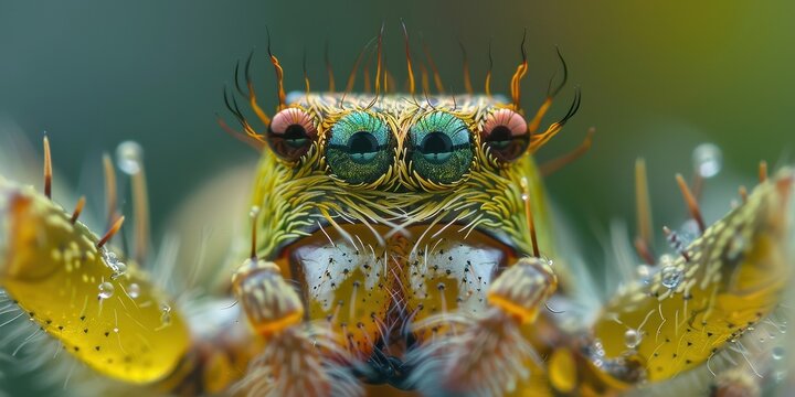 Extreme macro shot of a vibrant jumping spider's detailed eyes.