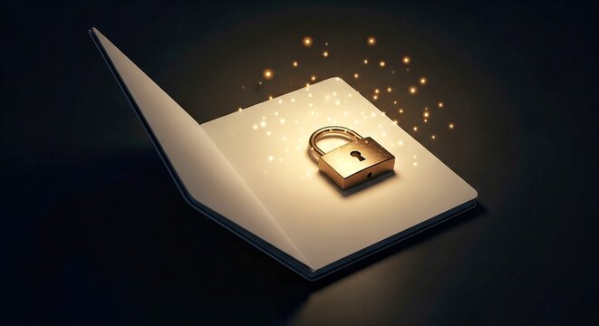 Glowing padlock on open laptop concept book representing cybersecurity data protection and digital privacy