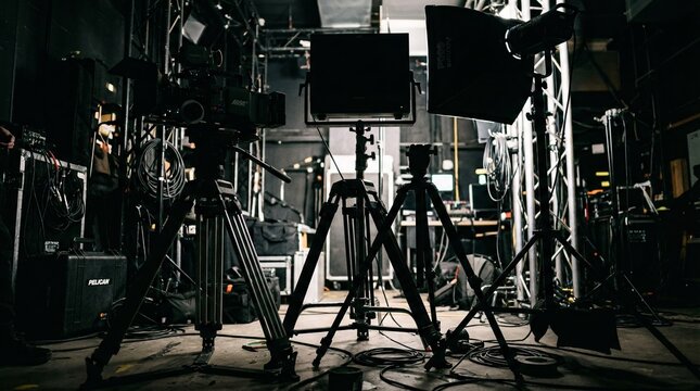A professional video production studio with camera and lighting equipment set up for filming, showcasing the essentials for quality video creation. Generative AI.