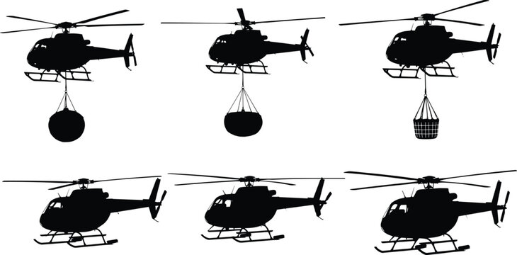 Helicopter silhouette collection with cargo sling load, aerial transport aircraft set, rescue aviation illustration isolated vector design