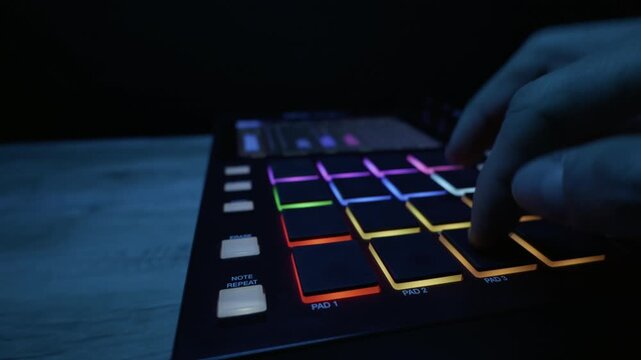 A musician hand taps rhythmic beats on the colorful LED pads of a sampler drum machine in a dark room. Concept of electronic music production, creative DJ lifestyle, and studio technology.