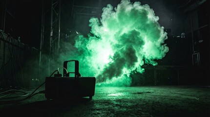 Naklejka premium Intense scene with vibrant green smoke emitted from a fog machine, illuminating the dimly lit stage. Generative AI.