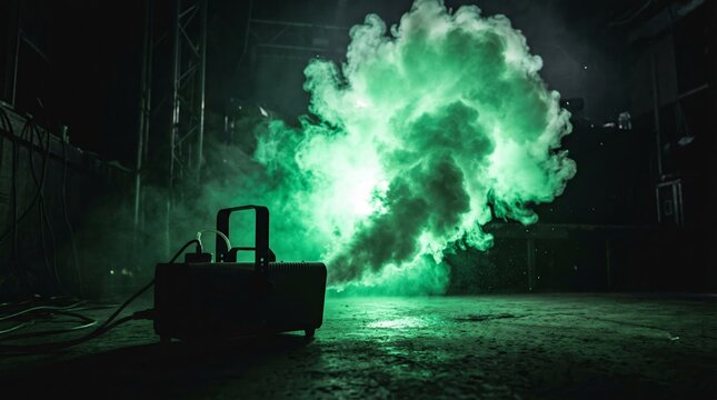 Intense scene with vibrant green smoke emitted from a fog machine, illuminating the dimly lit stage. Generative AI.