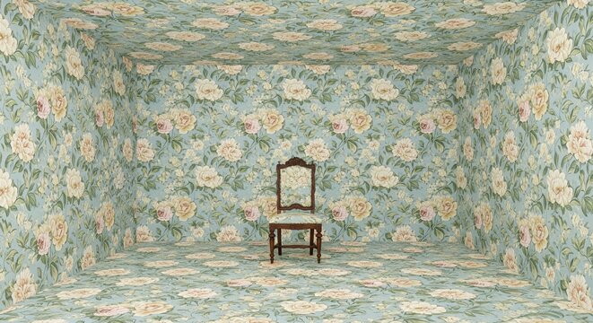 A surreal room where the walls, floor, and ceiling are covered in the same vintage floral wallpaper, with a single matching chair in the center.