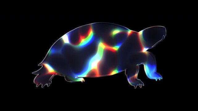 A turtle shimmering with various colored lights on a glass-like surface with an alpha channel. Seamless loop video.