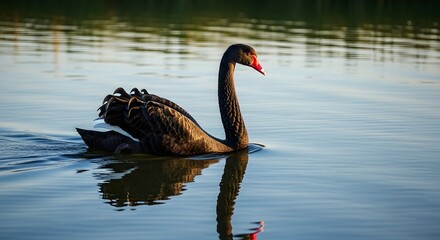 Obraz premium A black swan swims peacefully on a calm body of water