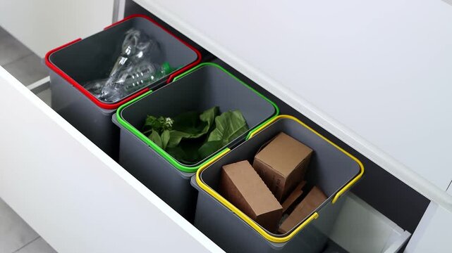 A woman is throwing organic food scraps into a green sorting bin in a modern kitchen. Concept of waste separation and recycling. Modern kitchen waste management and waste disposal at home.