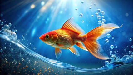 Fototapeta premium A vibrant goldfish gracefully swims through crystal-clear water, its scales shimmering under the sun's radiant rays.