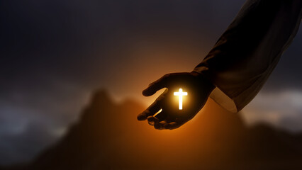 A powerful spiritual image showing a divine hand holding a bright, glowing Christian cross against a dramatic sunset and mountain silhouette background, representing faith and hope