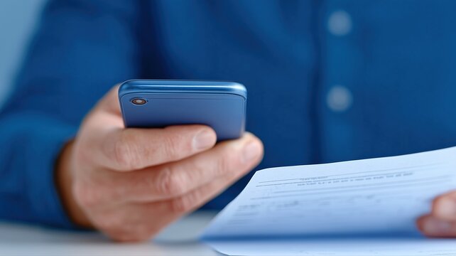 Buchhalter scannt Rechnungen mit dem Smartphone in minimaler B&uuml;roumgebung f&uuml;r professionelle Gesch&auml;ftsabl&auml;ufe