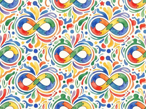 Vibrant watercolor pattern featuring colorful infinity symbols, symbolizing autism awareness and neurodiversity, promoting inclusion and understanding for all