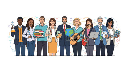 Fototapeta premium Diversity in Harmony: A diverse group of people, each with distinct tools representing various professions, stand united, symbolizing a tapestry of collaboration and shared progress.
