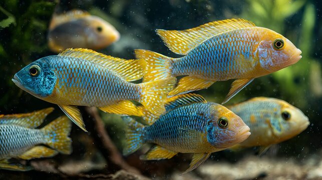 Yellow and blue cichlid fish swim in a lively freshwater aquarium.