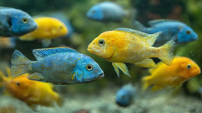 Yellow and blue cichlid fish swim in a lively freshwater aquarium.