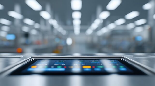 Saubere Werkstatt f&uuml;r Krankenhausm&ouml;bel mit Qualit&auml;tskontroll-Tablet-Oberfl&auml;che in leuchtenden, satten Farben f&uuml;r Einblicke in die Fertigung.