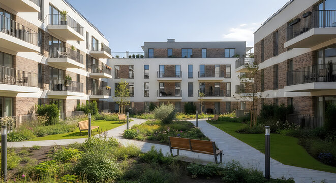 A view of a modern apartment complex courtyard with lush green gardens and wooden park benches