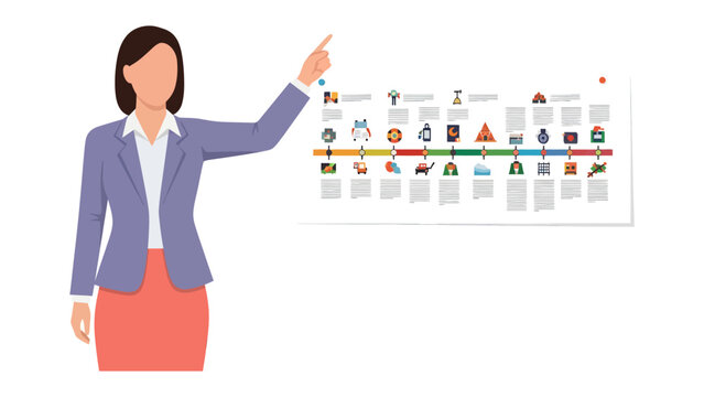 Presentation in Progress: A focused woman points to an informative presentation board, outlining key points, concepts, and ideas in a clear and concise visual manner.
