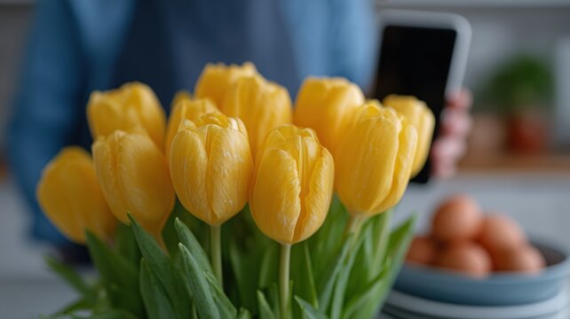 Osterfreude gestalten, handbemalte Eier und Fr&uuml;hlingstulpen in einer lebhaften deutschen K&uuml;chenszene
