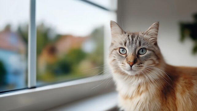 Neugierige Hauskatze schaut in sonniger Wohnumgebung aus dem Fenster