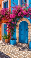 Fototapeta premium Colorful house with blue doors and pink flowers on facade exterior vibrant architecture and plants