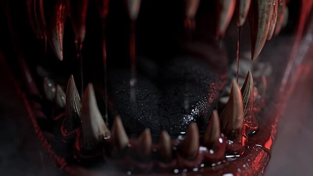 Closeup of a terrifying monsters mouth with sharp teeth and dripping blood in a dark smoky environment.