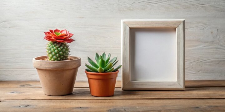 Rustic wooden table setting with succulents and a blank frame for your design