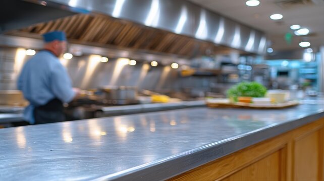 Ein effizientes Reinigungsteam im Restaurant schrubbt Edelstahlfl&auml;chen unter hellem Licht mithilfe einer digitalen Hygienecheckliste.