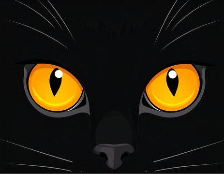 Close-up illustration of a cat's face from the eyes down, emphasizing the bright, gold-yellow irises. The fur is black, with white whiskers