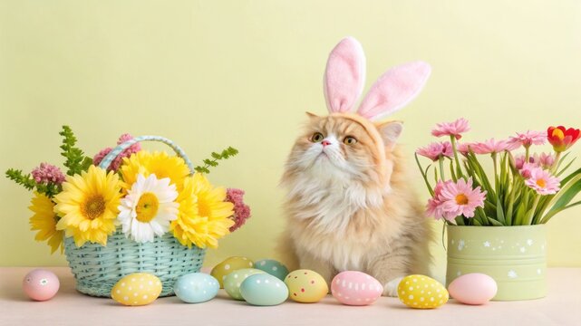 Adorable Cat with Bunny Ears Surrounded by Festive Eggs and Colorful Spring Flowers