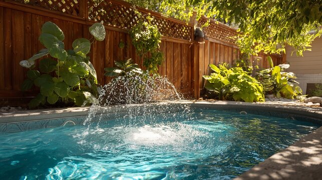 Pool jet shoots bubbles underwater. Clean blue water fills pool. Green plants and wooden fence surround it in backyard.