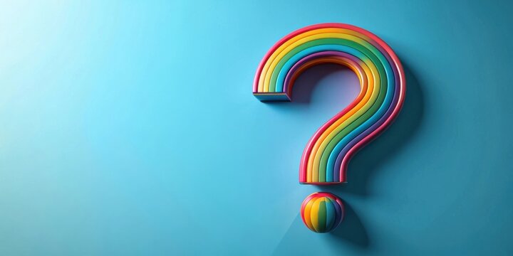 A vibrant rainbow question mark with a colorful sphere below it, symbolizing curiosity and playful inquiry on a serene blue background.