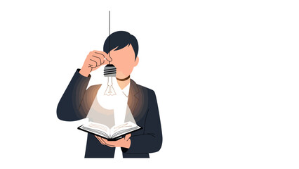 Illumination of Knowledge: A silhouette figure holds a glowing light bulb above an open book, symbolizing insight, creativity, and the power of knowledge and education. © Nusaybah