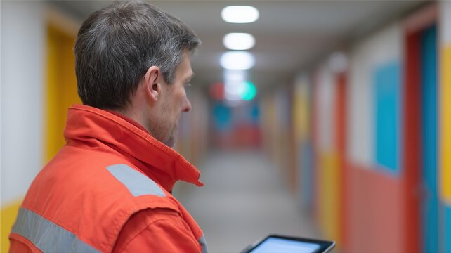 Brandschutztechniker pr&uuml;ft Rauchmelder im Flur eines deutschen Wohnhauses