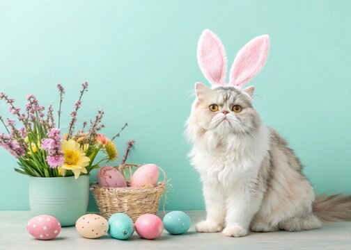 Adorable fluffy cat wearing bunny ears next to Easter eggs and vibrant spring flowers