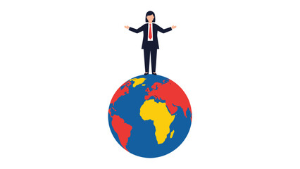 Global Vision: A confident businessperson stands atop a vibrant globe, arms outstretched in a gesture of leadership, embodying global presence and visionary strategy. © Atiya
